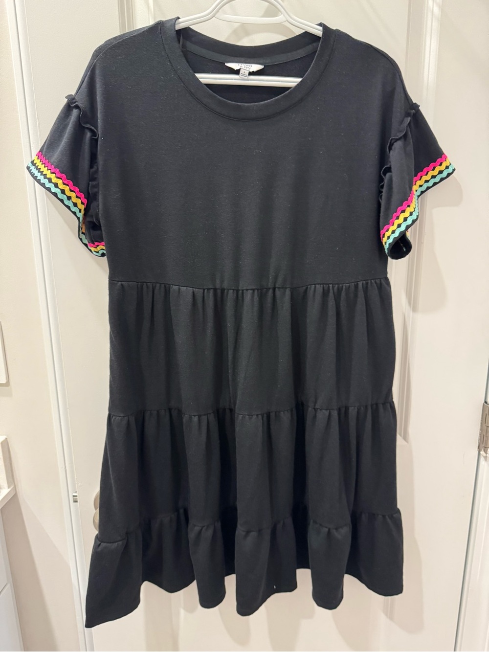crown & ivy Black Tiered Short-Sleeve Dress with Rainbow Trim